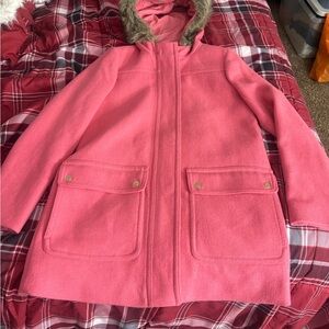 J. Crew Vibrant Pink Pea Coat with Faux Fur Trim